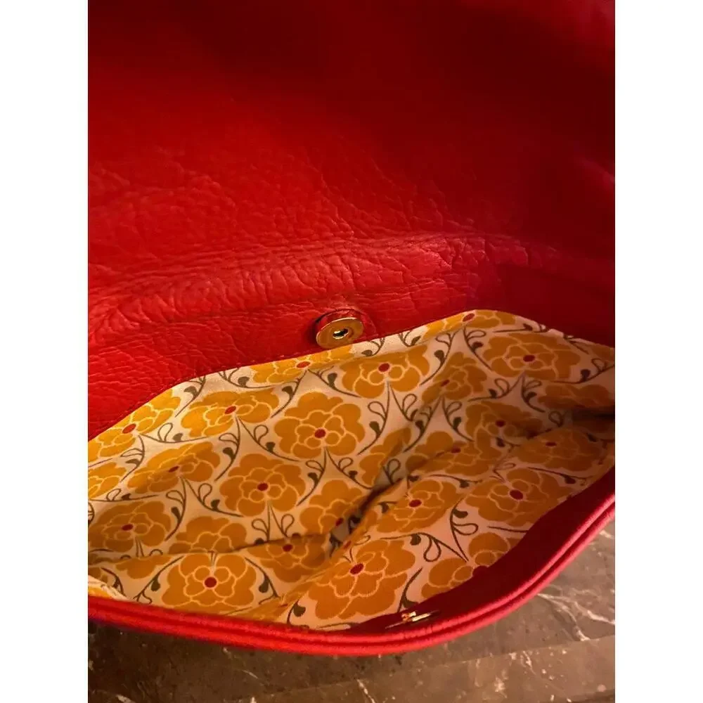Emma Fox Red Pebbled Leather Foldover Clutch Bow Detail Floral Lining